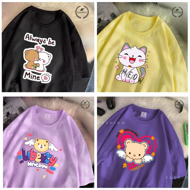 4 Design Combo – Women's Oversized Drop Shoulder T-Shirts | Always Be Mine, Meow, Liberty, Earth
